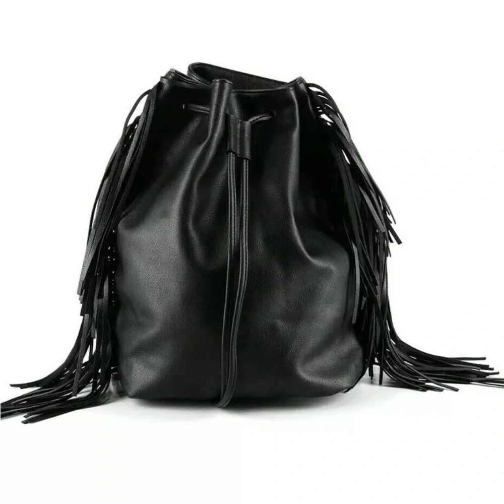 Victoria's Secret Black Leather‎ Style Backpack with Fringe Detailing 5231